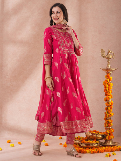 Ethnic Embroidered & Woven Anarkali Kurta with Pant & Dupatta - Pink