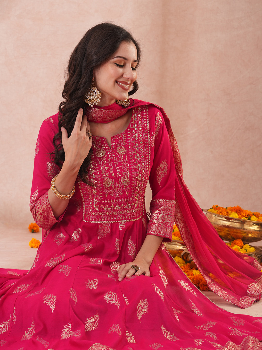 Ethnic Embroidered & Woven Anarkali Kurta with Pant & Dupatta - Pink