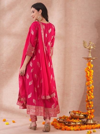 Ethnic Embroidered & Woven Anarkali Kurta with Pant & Dupatta - Pink