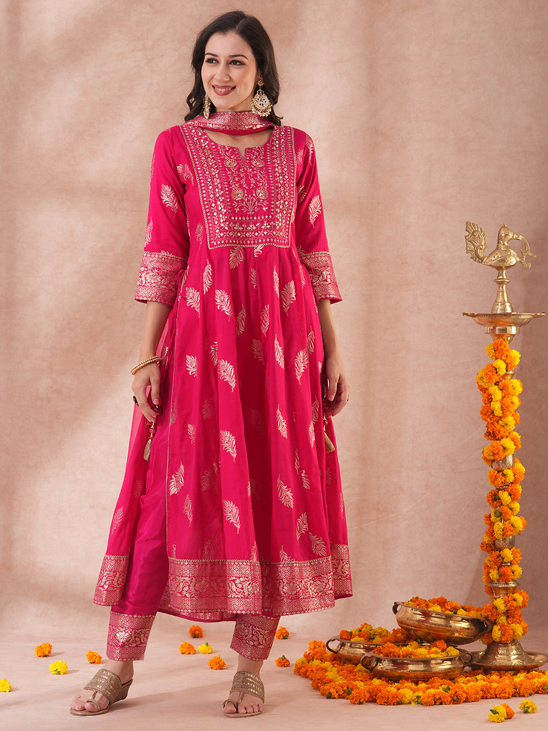 Ethnic Embroidered & Woven Anarkali Kurta with Pant & Dupatta - Pink