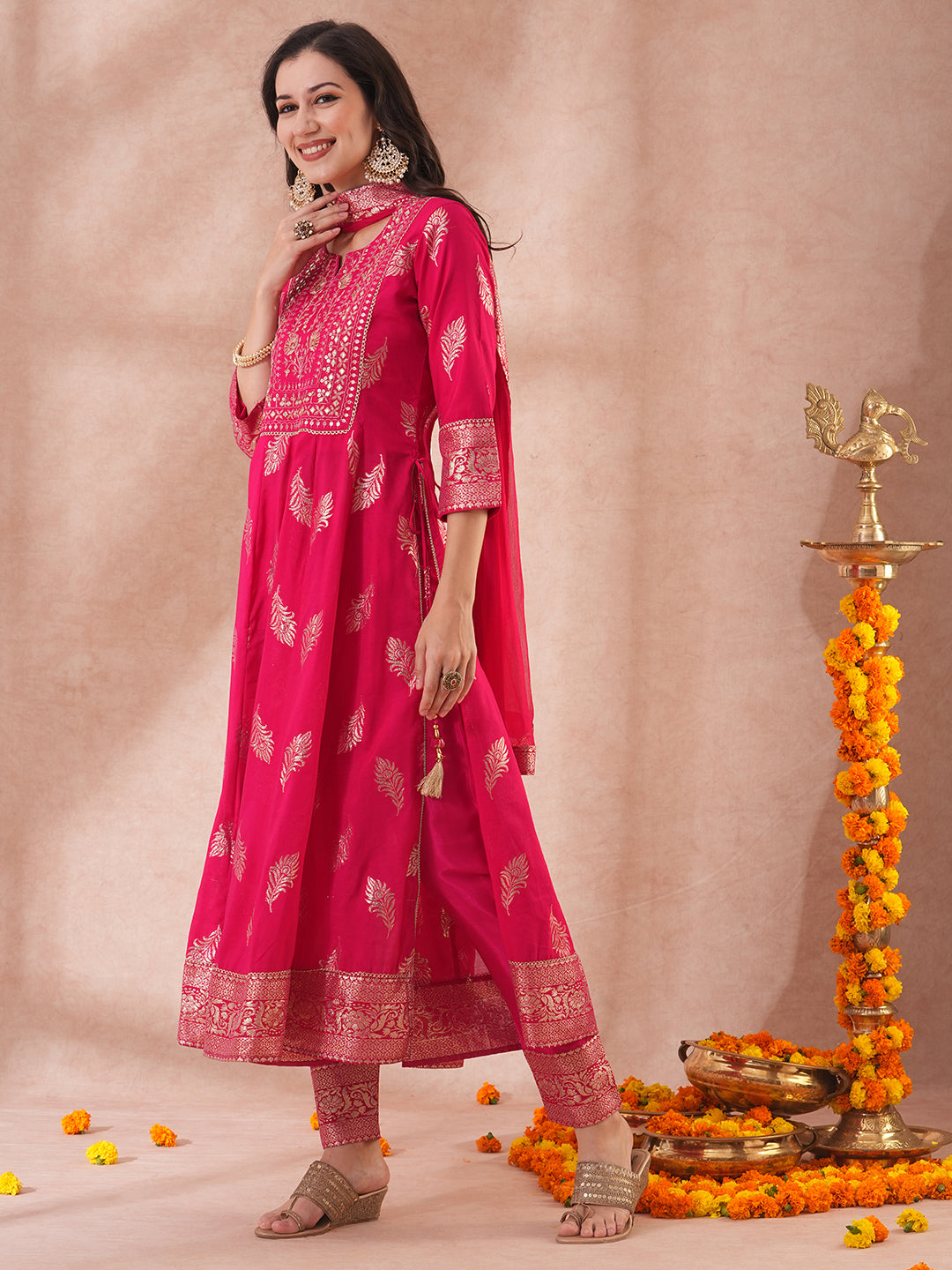 Ethnic Embroidered & Woven Anarkali Kurta with Pant & Dupatta - Pink