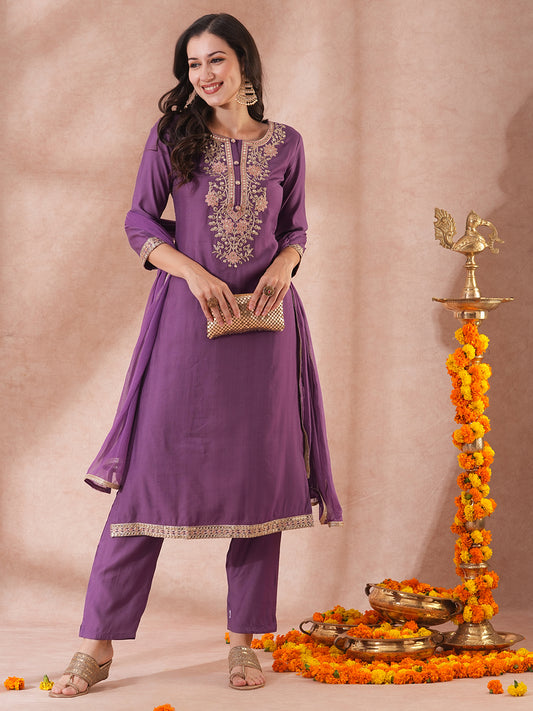 Solid Floral Embroidered Straight Fit Kurta with Pant & Dupatta - Purple