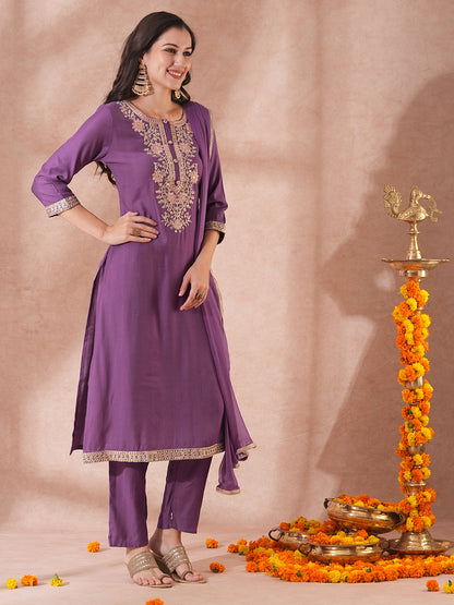 Solid Floral Embroidered Straight Fit Kurta with Pant & Dupatta - Purple