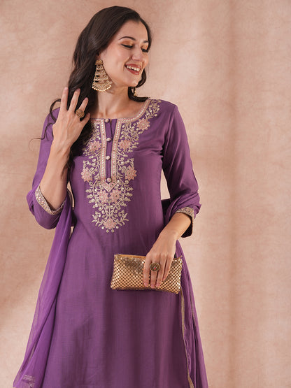 Solid Floral Embroidered Straight Fit Kurta with Pant & Dupatta - Purple