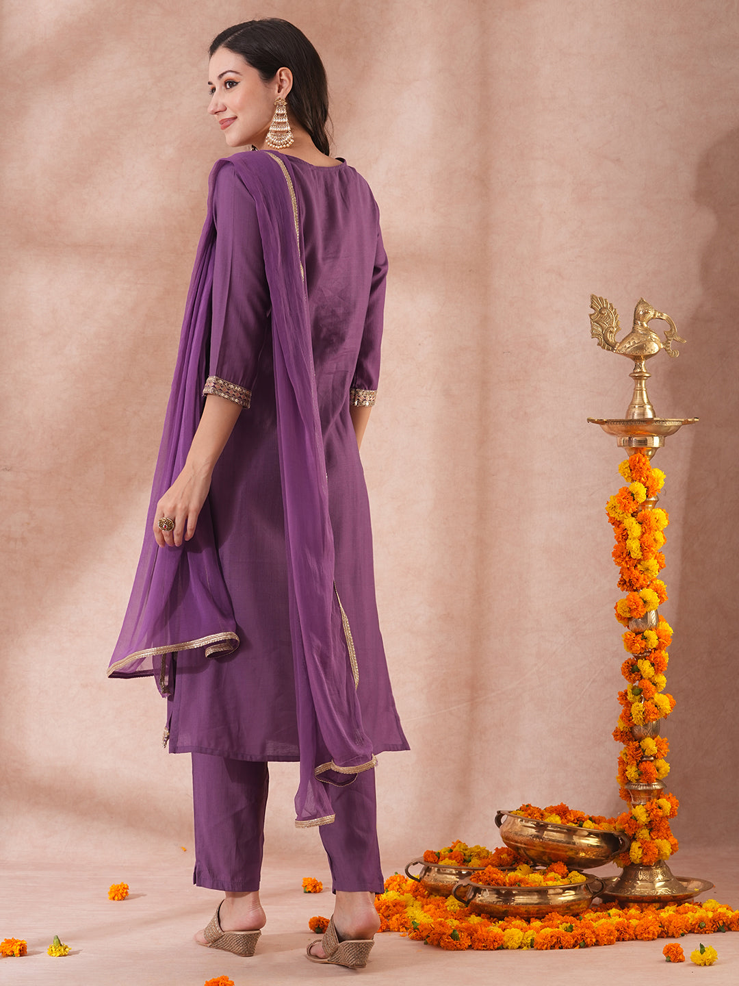 Solid Floral Embroidered Straight Fit Kurta with Pant & Dupatta - Purple