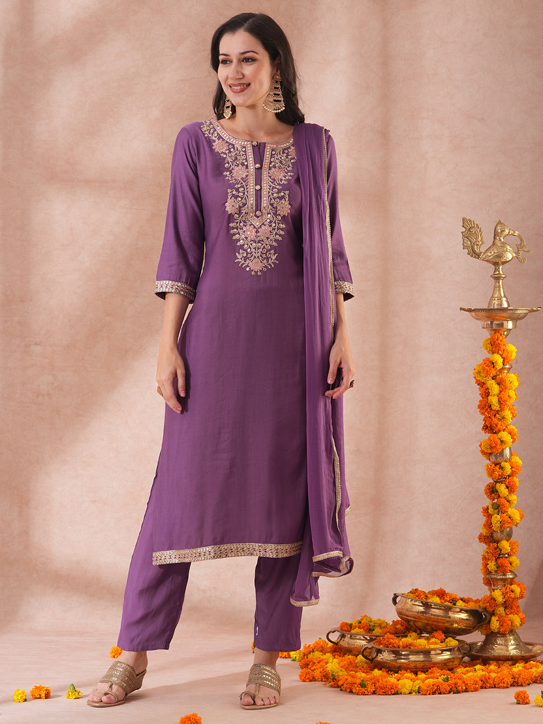 Solid Floral Embroidered Straight Fit Kurta with Pant & Dupatta - Purple