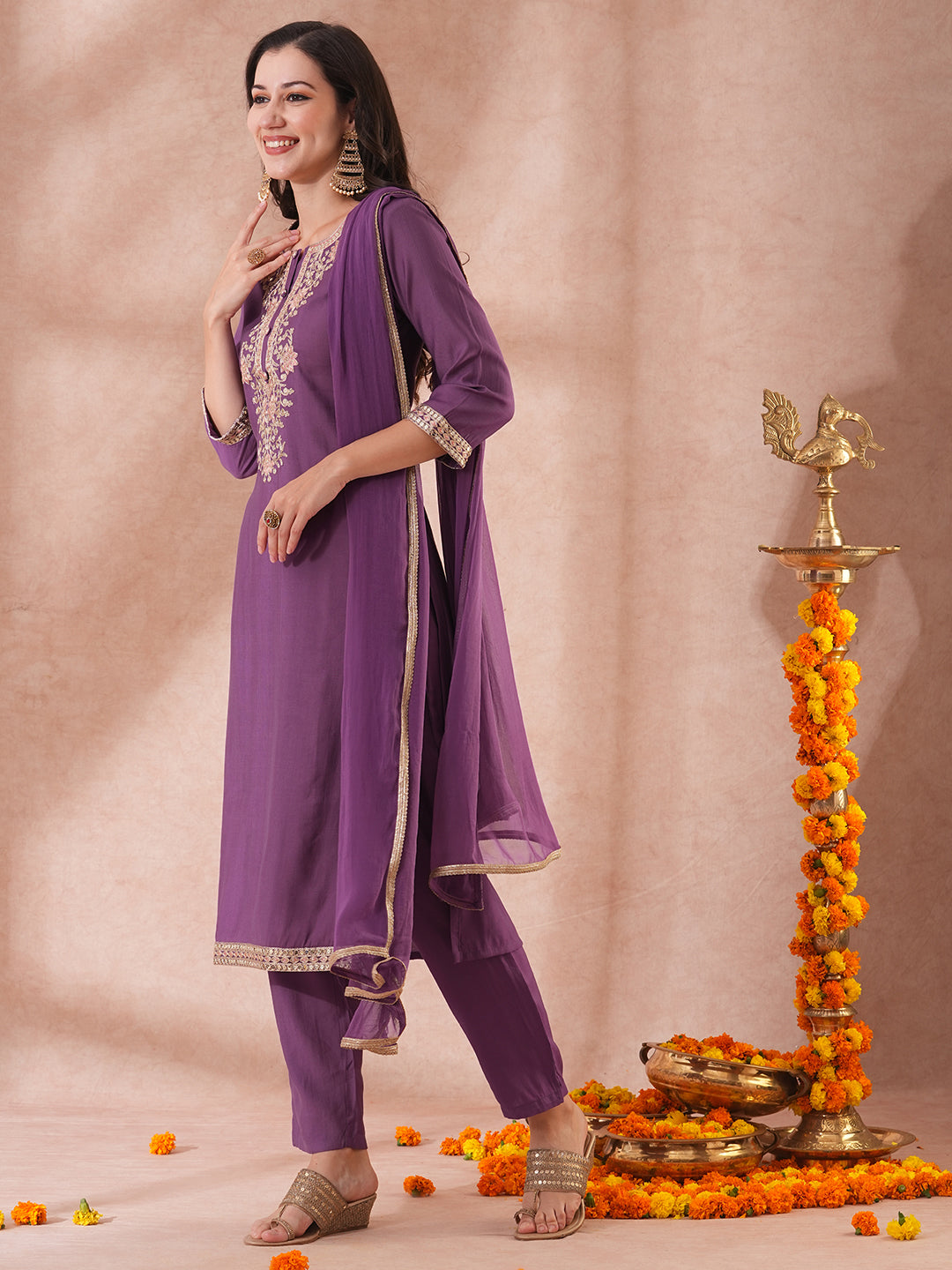 Solid Floral Embroidered Straight Fit Kurta with Pant & Dupatta - Purple