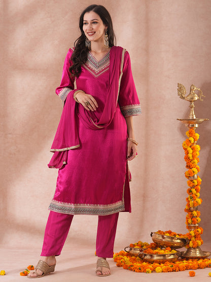 Solid Ethnic Embroidered Straight Fit Kurta with Pant & Dupatta - Magenta