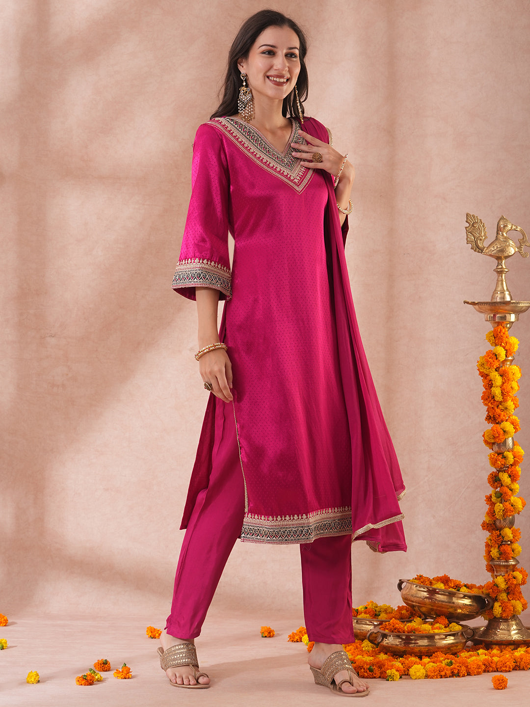 Solid Ethnic Embroidered Straight Fit Kurta with Pant & Dupatta - Magenta