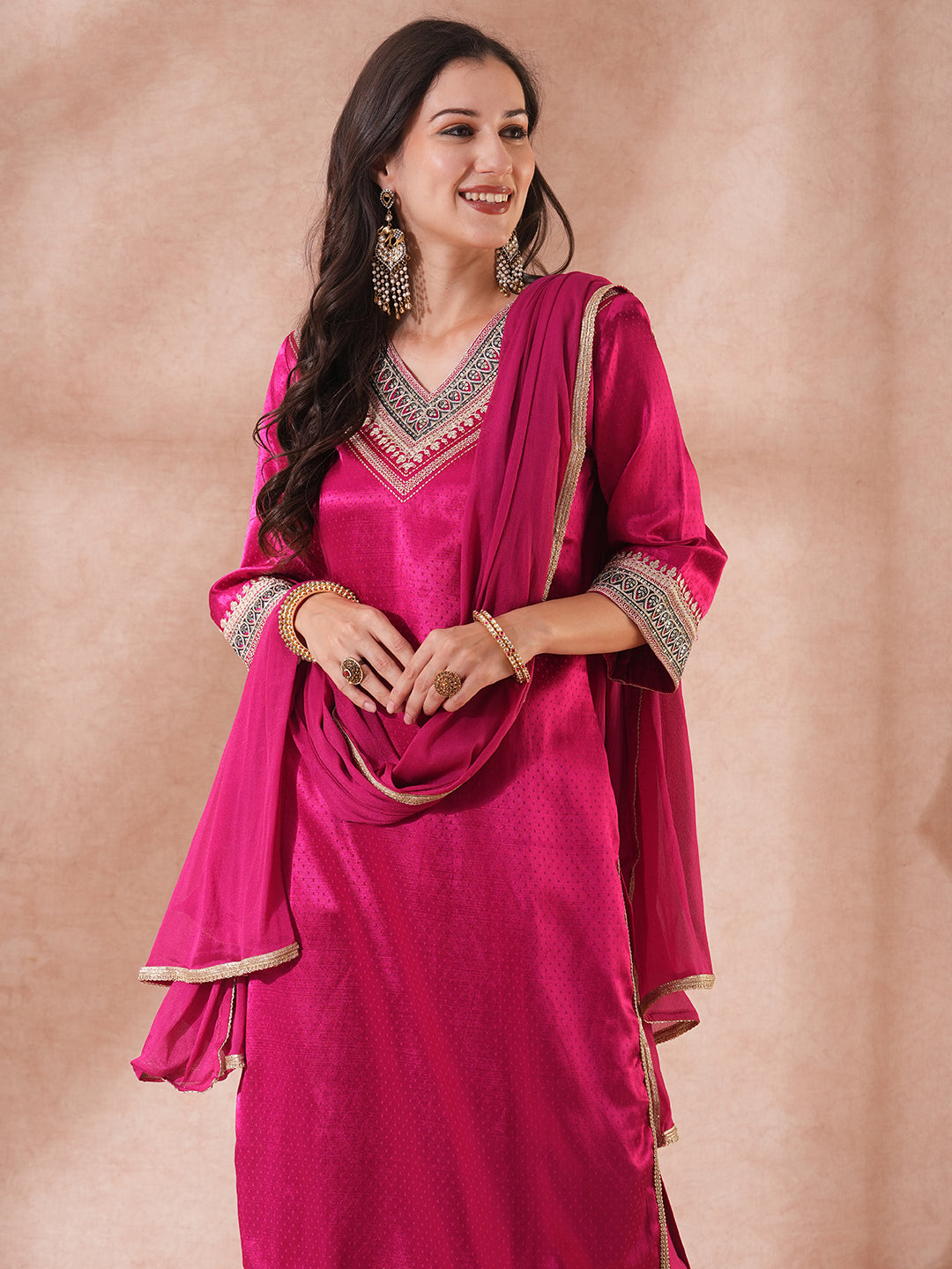 Solid Ethnic Embroidered Straight Fit Kurta with Pant & Dupatta - Magenta