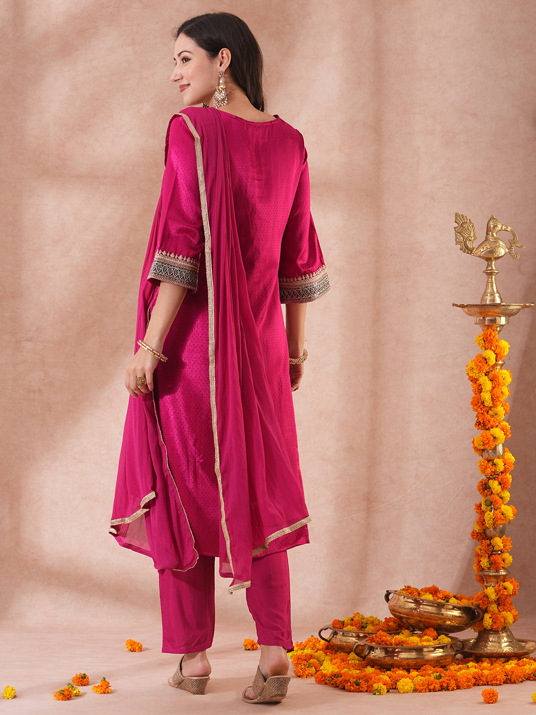 Solid Ethnic Embroidered Straight Fit Kurta with Pant & Dupatta - Magenta