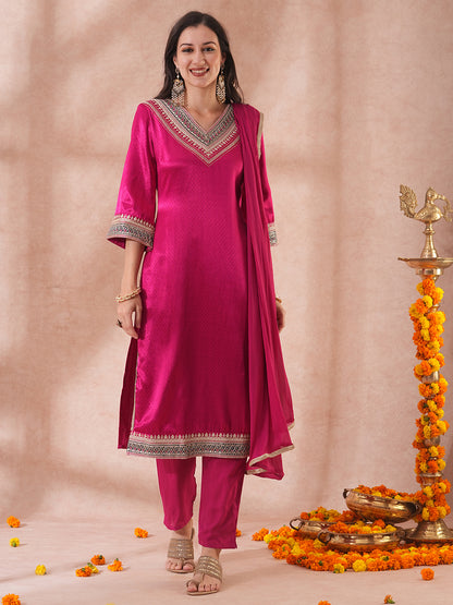 Solid Ethnic Embroidered Straight Fit Kurta with Pant & Dupatta - Magenta