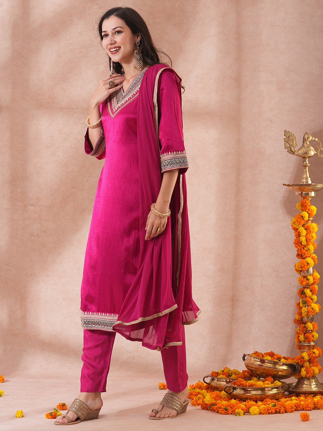 Solid Ethnic Embroidered Straight Fit Kurta with Pant & Dupatta - Magenta