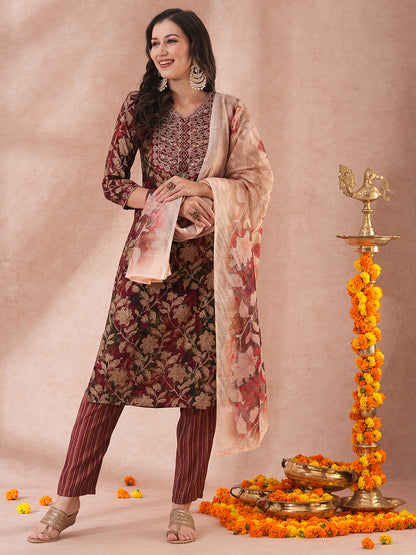 Floral Printed & Embroidered Straight Kurta with Pant & Printed Dupatta - Maroon