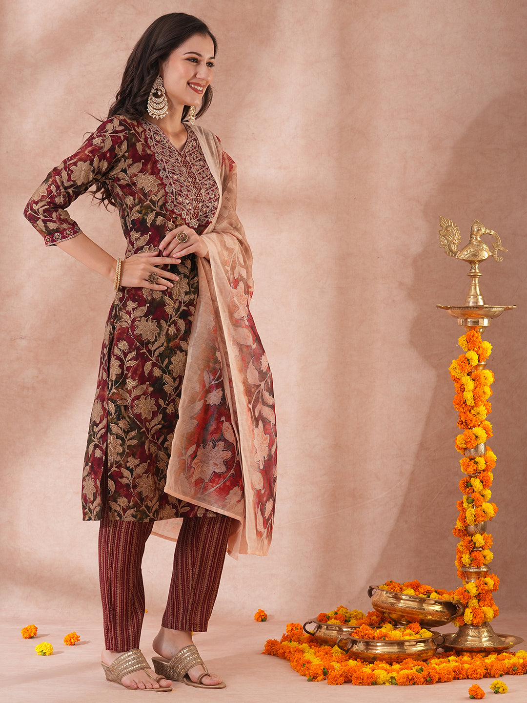 Floral Printed & Embroidered Straight Kurta with Pant & Printed Dupatta - Maroon