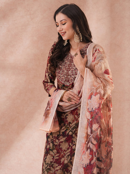 Floral Printed & Embroidered Straight Kurta with Pant & Printed Dupatta - Maroon