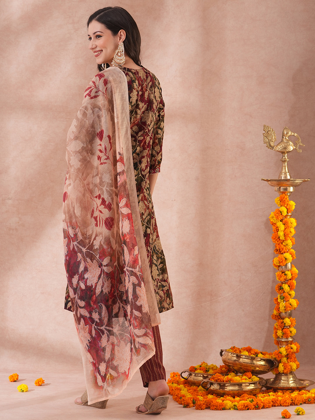 Floral Printed & Embroidered Straight Kurta with Pant & Printed Dupatta - Maroon