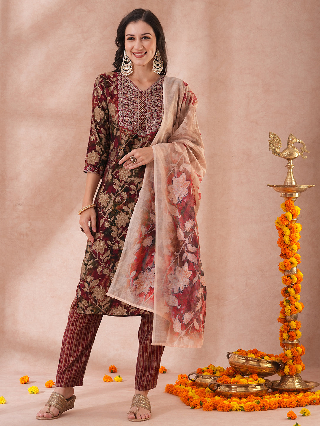 Floral Printed & Embroidered Straight Kurta with Pant & Printed Dupatta - Maroon