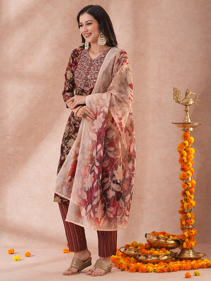 Floral Printed & Embroidered Straight Kurta with Pant & Printed Dupatta - Maroon