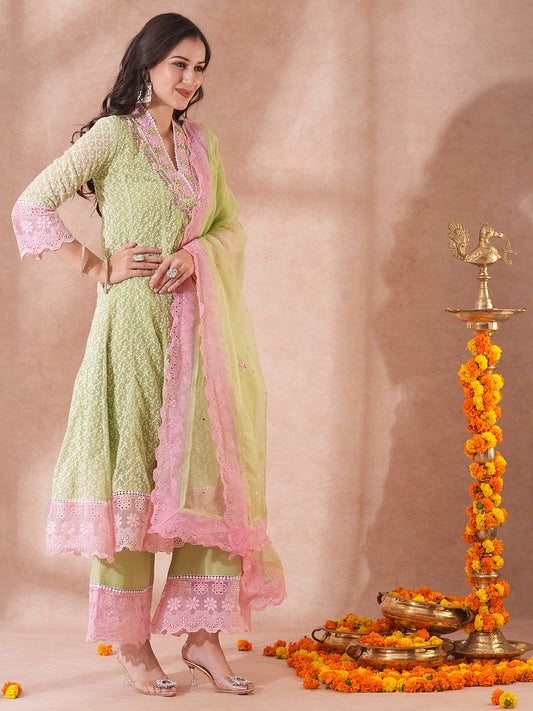 Solid Ethnic Embroidered Anarkali Flared Kurta with Palazzo & Dupatta - Green