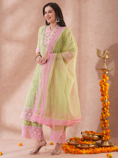 Solid Ethnic Embroidered Anarkali Flared Kurta with Palazzo & Dupatta - Green