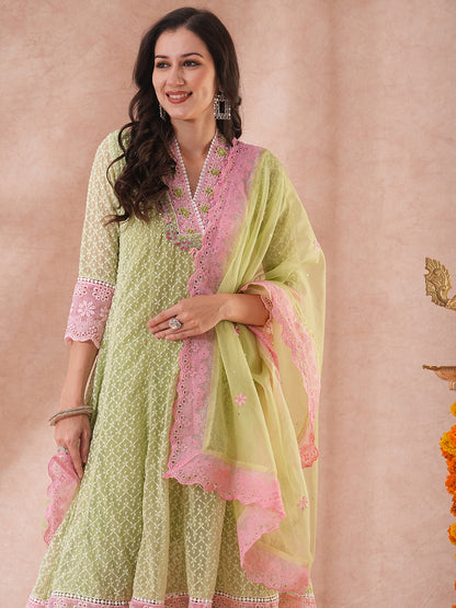 Solid Ethnic Embroidered Anarkali Flared Kurta with Palazzo & Dupatta - Green