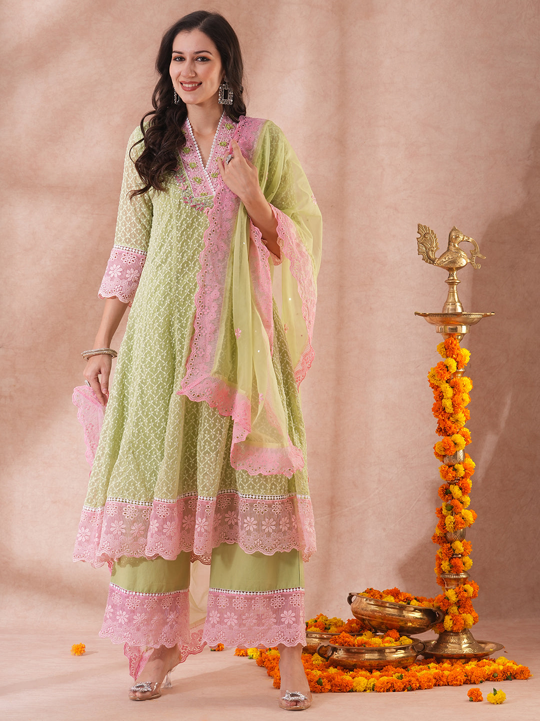 Solid Ethnic Embroidered Anarkali Flared Kurta with Palazzo & Dupatta - Green