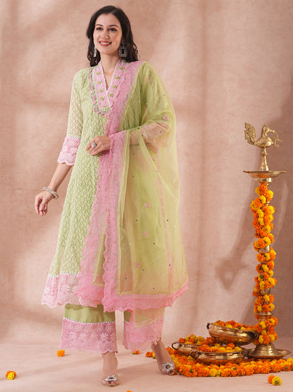 Solid Ethnic Embroidered Anarkali Flared Kurta with Palazzo & Dupatta - Green