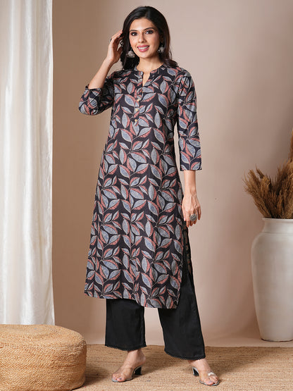 Ethnic Floral Printed Straight Fit Kurta - Black