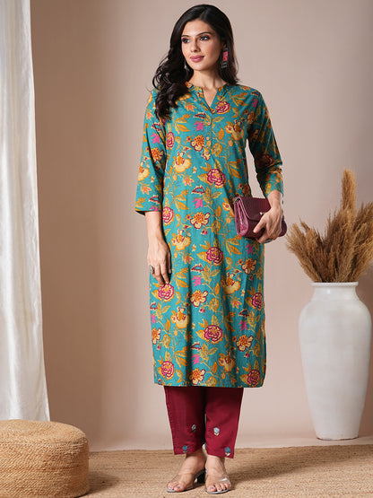 Ethnic Floral Printed Straight Fit Kurta - Sea Green