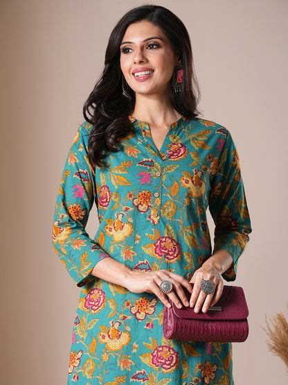 Ethnic Floral Printed Straight Fit Kurta - Sea Green