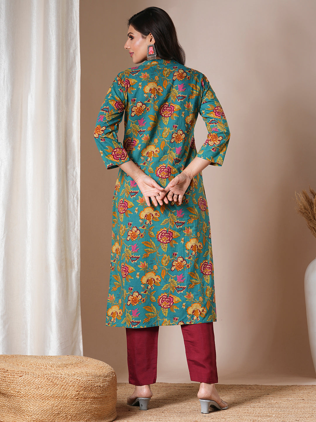 Ethnic Floral Printed Straight Fit Kurta - Sea Green