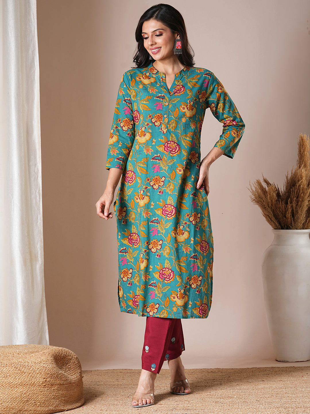 Ethnic Floral Printed Straight Fit Kurta - Sea Green