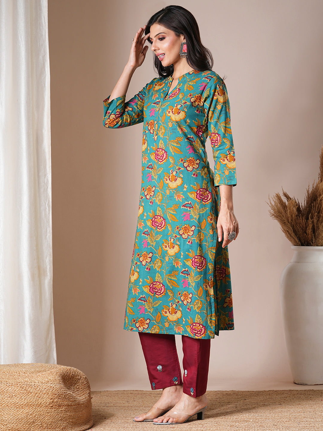 Ethnic Floral Printed Straight Fit Kurta - Sea Green