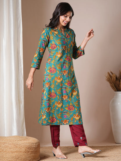 Ethnic Floral Printed Straight Fit Kurta - Sea Green