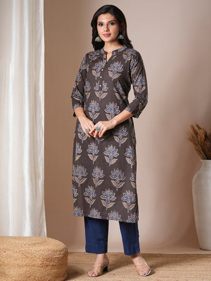 Ethnic Floral Printed Straight Fit Kurta - Brown