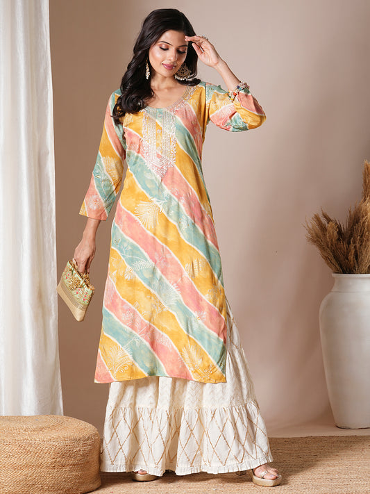 Ethnic Leheriya Printed & Embroidered Straight Fit Kurta - Multi