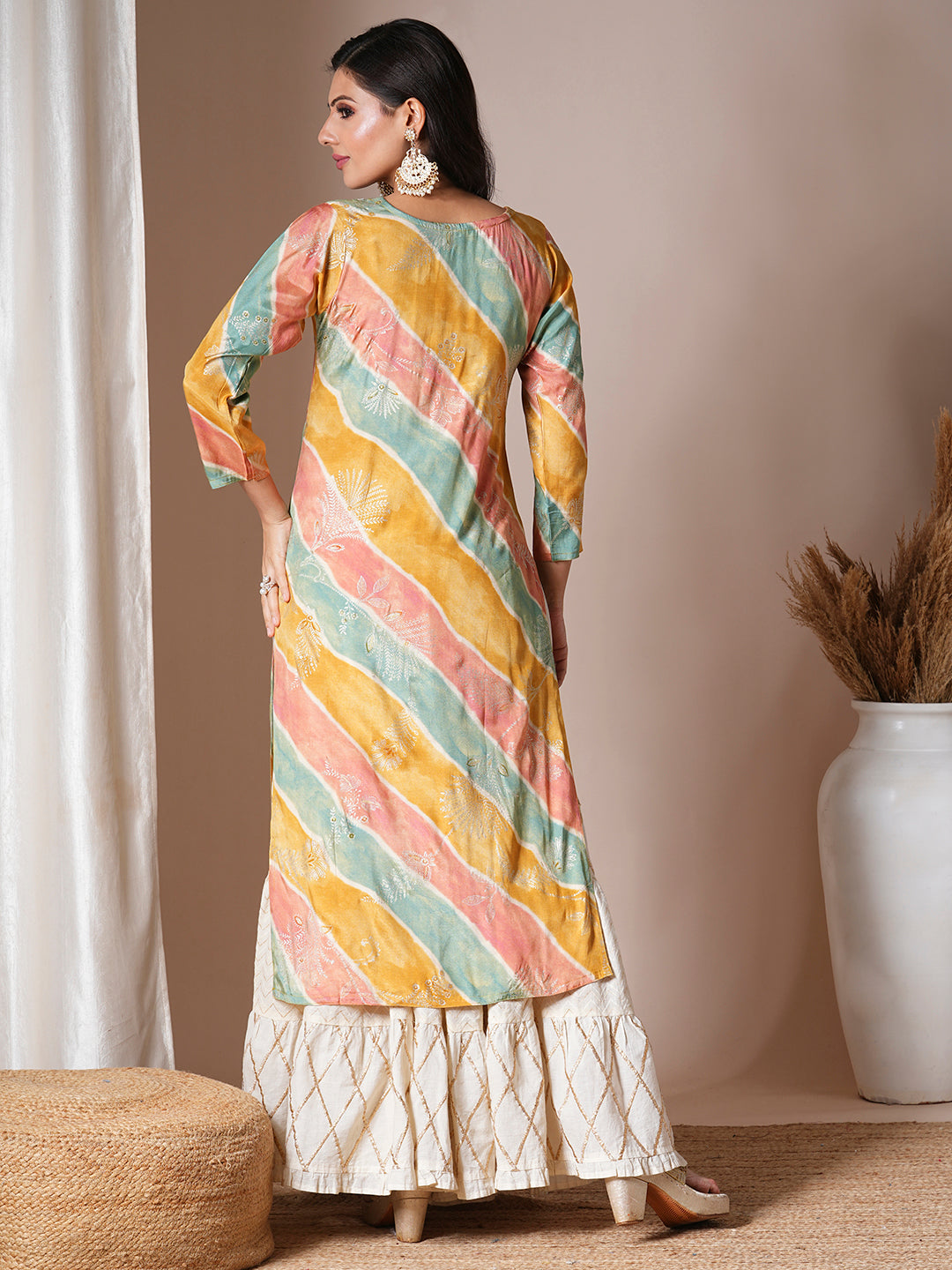 Ethnic Leheriya Printed & Embroidered Straight Fit Kurta - Multi