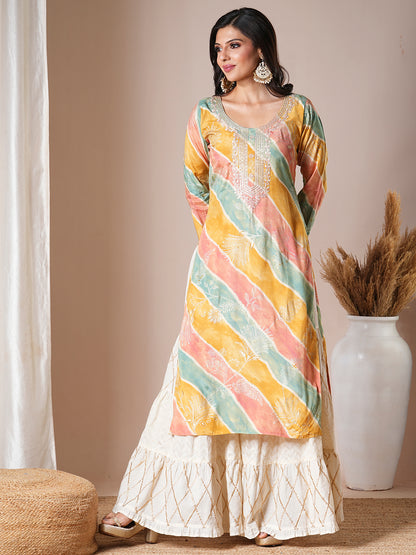 Ethnic Leheriya Printed & Embroidered Straight Fit Kurta - Multi