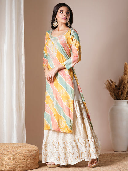 Ethnic Leheriya Printed & Embroidered Straight Fit Kurta - Multi