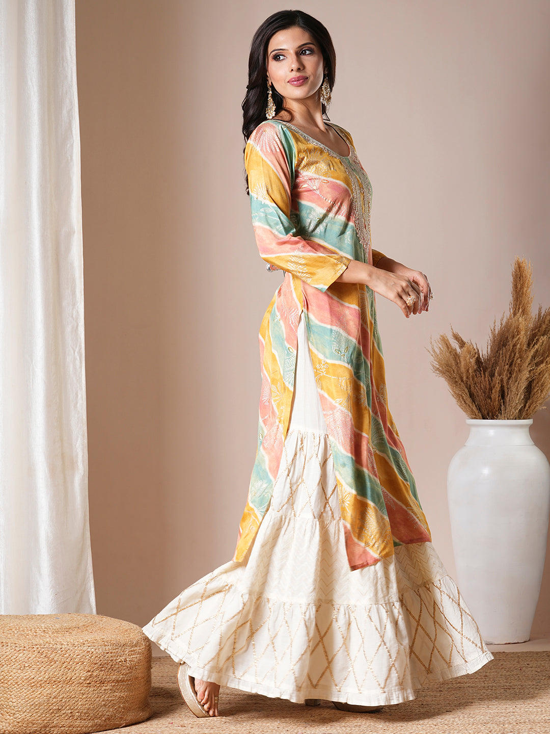 Ethnic Leheriya Printed & Embroidered Straight Fit Kurta - Multi