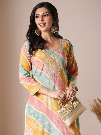 Ethnic Leheriya Printed & Embroidered Straight Fit Kurta - Multi