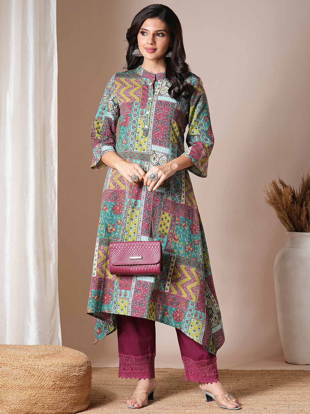 Ethnic Floral Printed A-Line Kurta - Multi