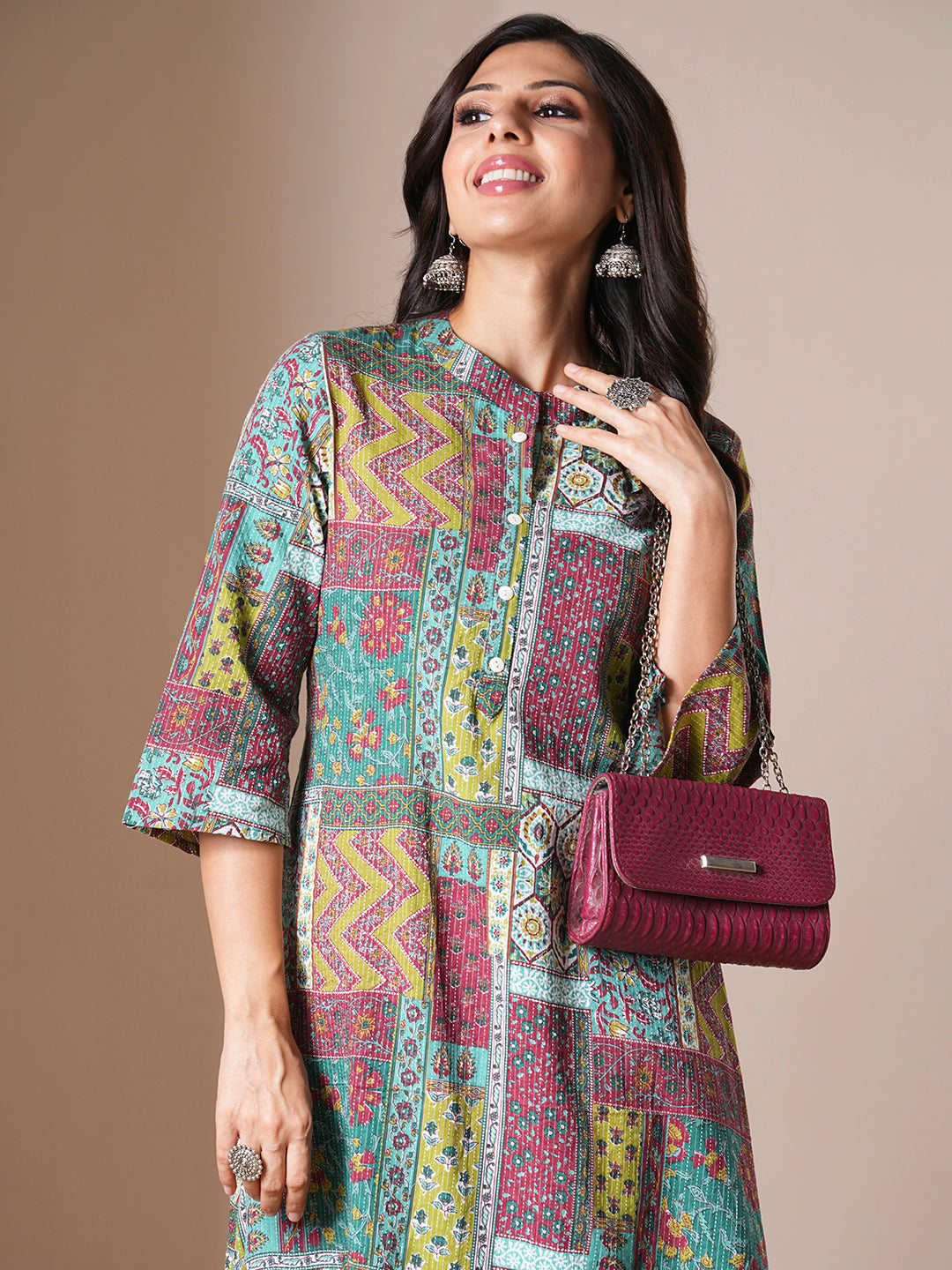 Ethnic Floral Printed A-Line Kurta - Multi