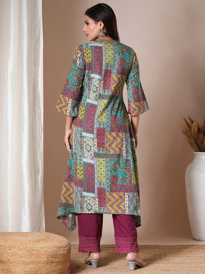 Ethnic Floral Printed A-Line Kurta - Multi