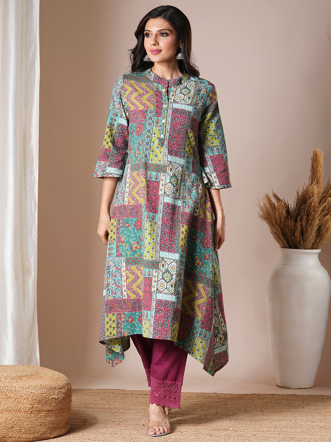 Ethnic Floral Printed A-Line Kurta - Multi