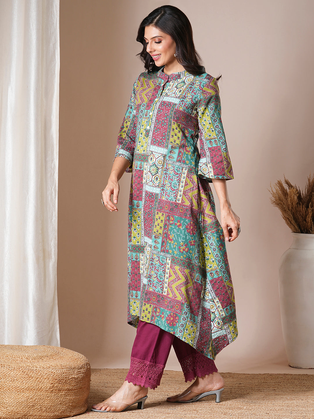 Ethnic Floral Printed A-Line Kurta - Multi