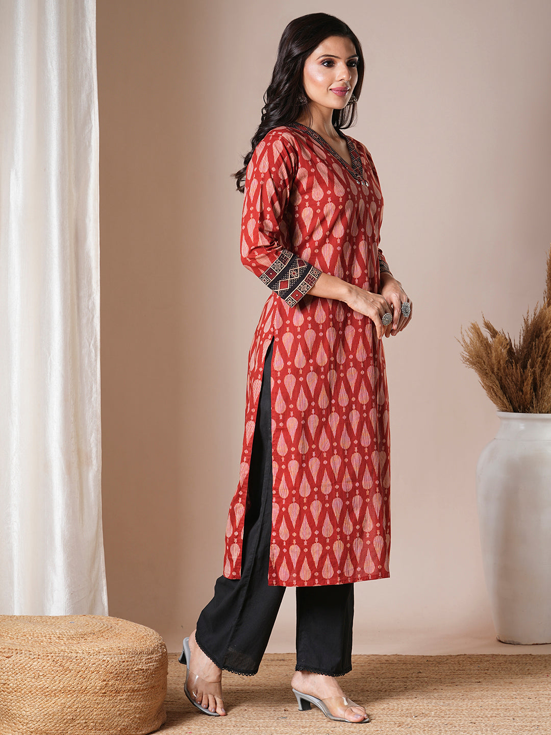 Ethnic Printed Straight Fit Kurta - Rust