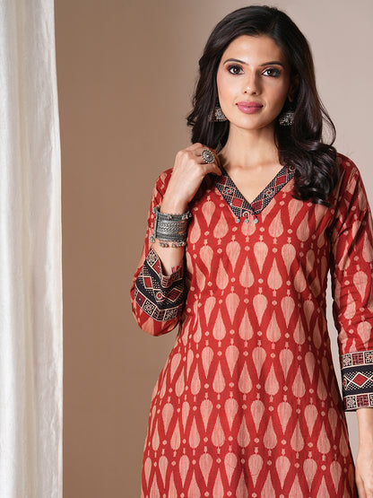 Ethnic Printed Straight Fit Kurta - Rust