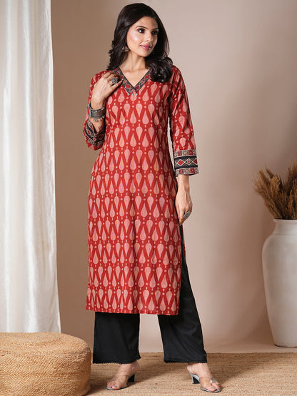 Ethnic Printed Straight Fit Kurta - Rust